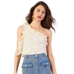 Skies Are Blue Lace Top Size Medium One Shoulder Ruffle Cream Boho Fairycore NEW